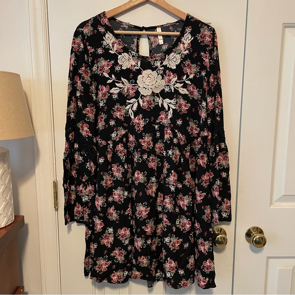 Floral Long Sleeve Xhilaration Dress with Crochet and Embroidery Details